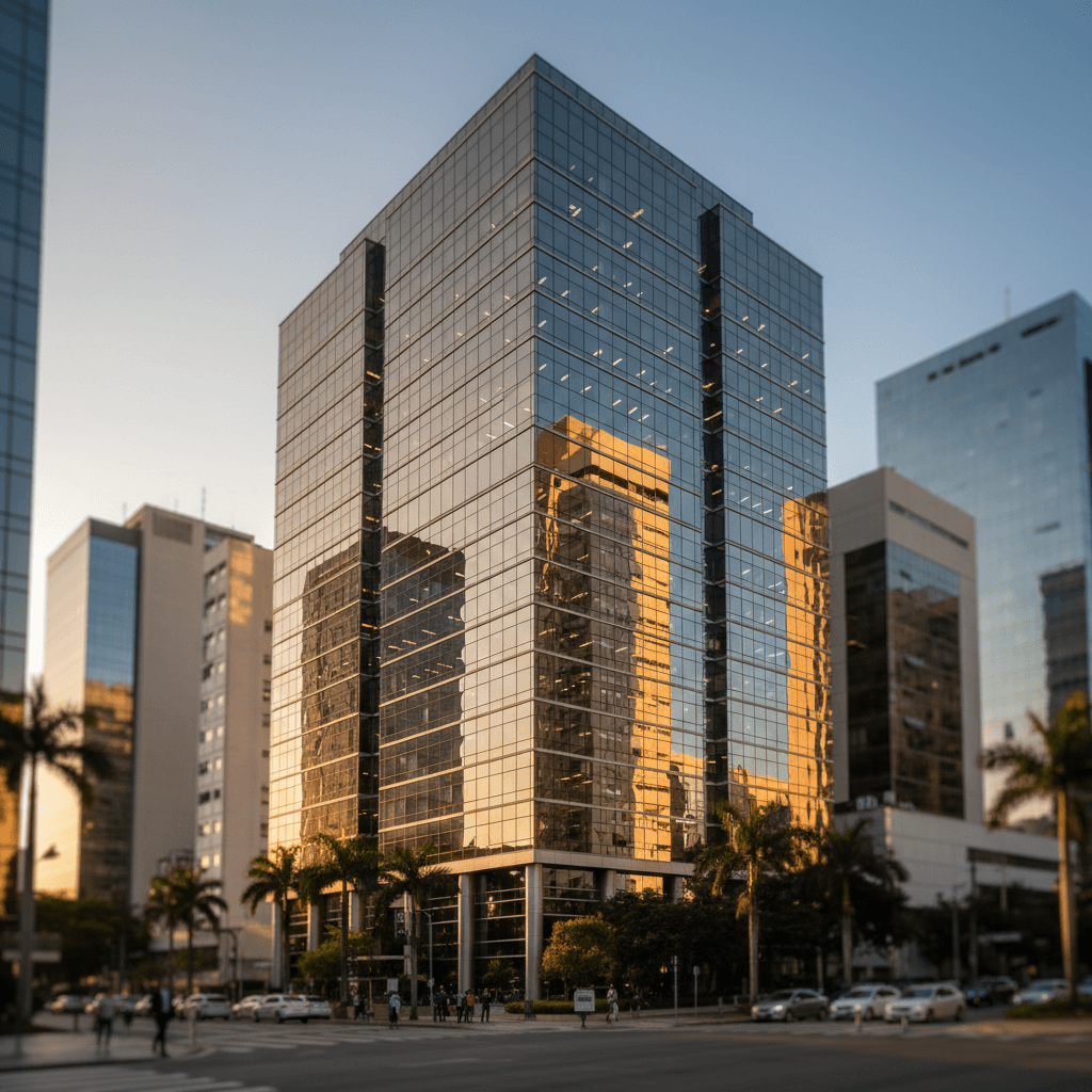 Edifício corporativo moderno em Belo Horizonte com reflexo solar na fachada