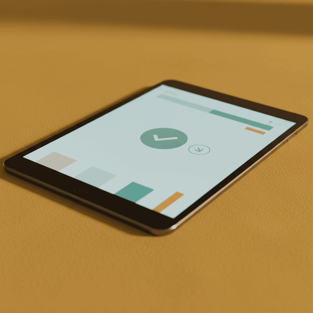 Tablet com dashboard mostrando aprovação e seta pra baixo em fundo amarelo