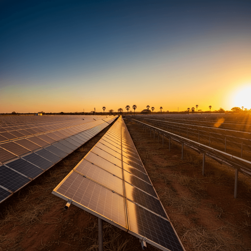Usina solar brasileira ao pôr do sol com reflexos dourados nos painéis fotovoltaicos