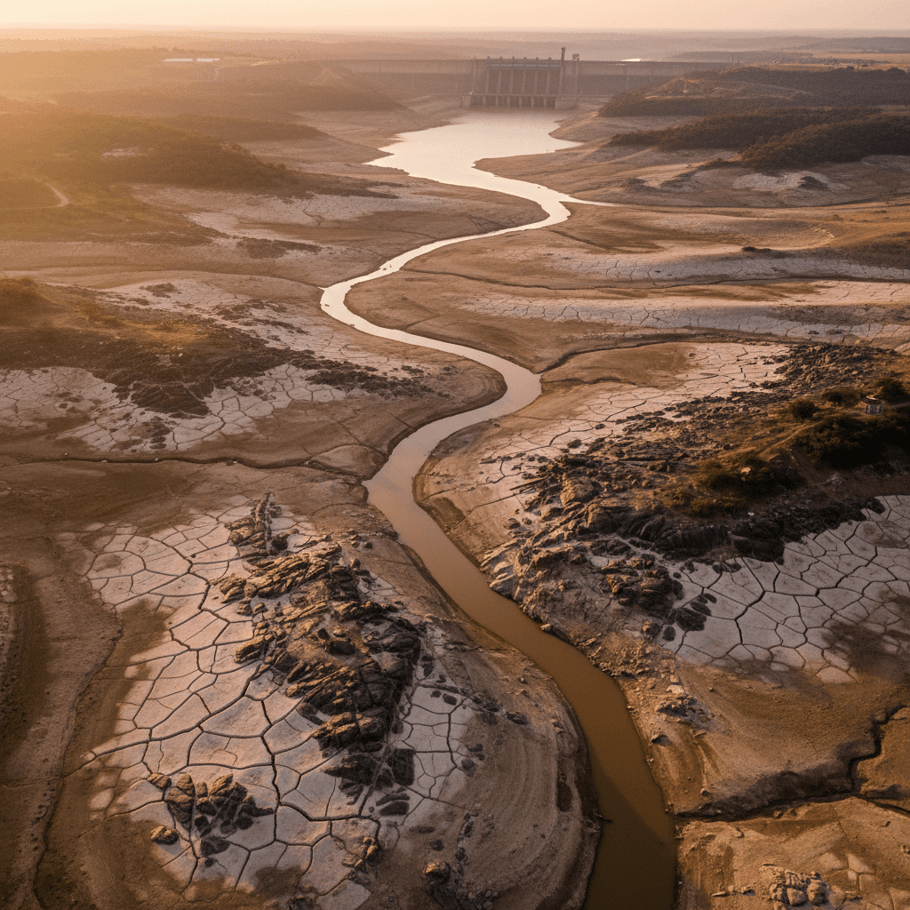 Vista aérea de reservatório de hidrelétrica brasileira com nível muito baixo de água