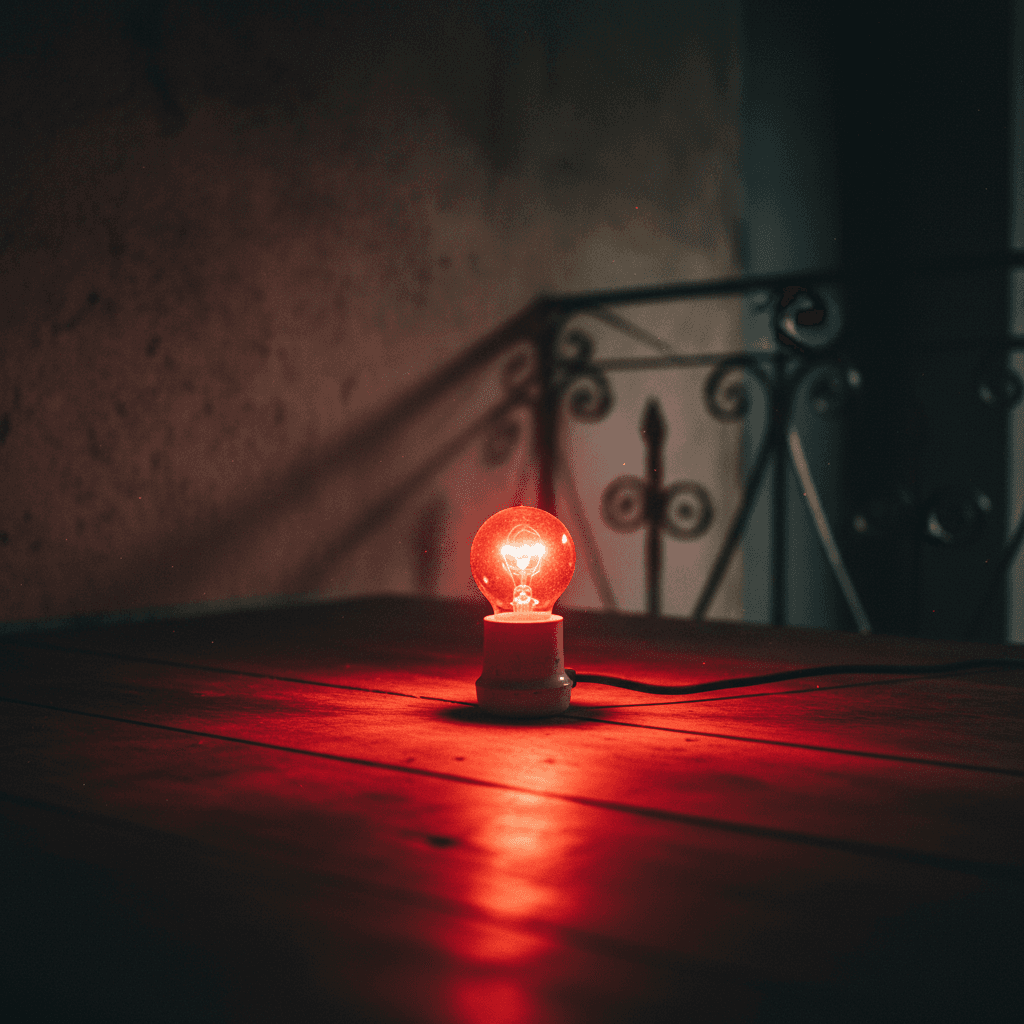 Lâmpada com luz vermelha brilhando intensamente em ambiente escuro com mesa de madeira