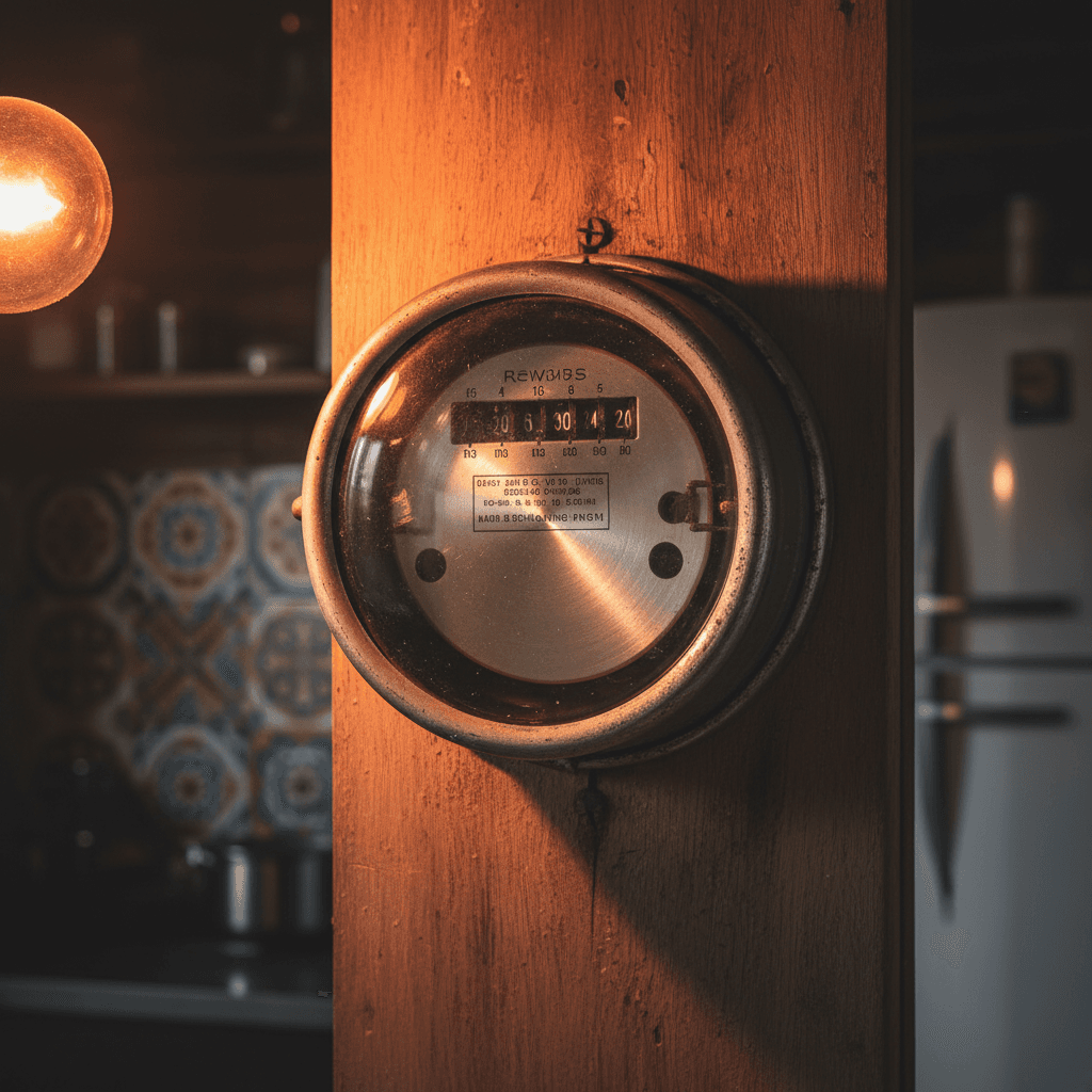Medidor de energia elétrica antigo girando rápido com luz dramática lateral