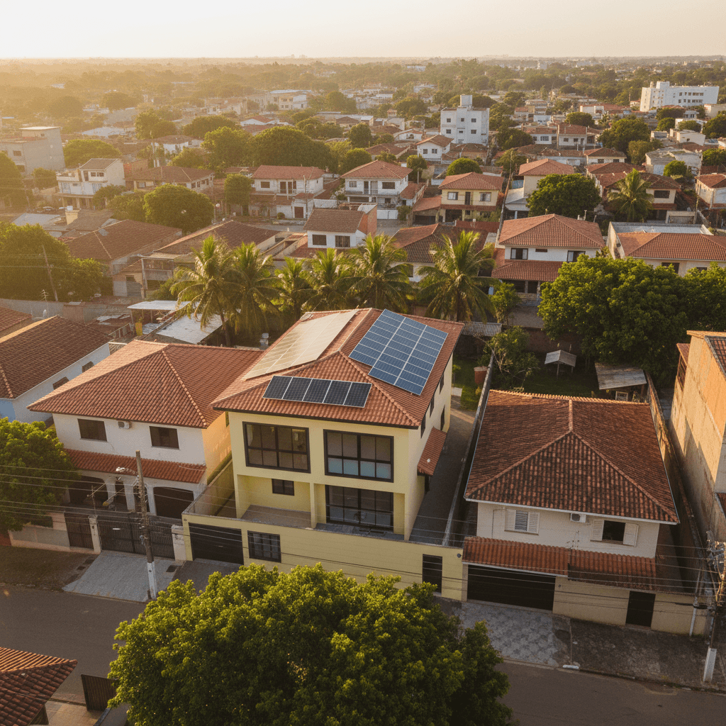 Vista aérea de casa brasileira com placas solares no telhado ao entardecer