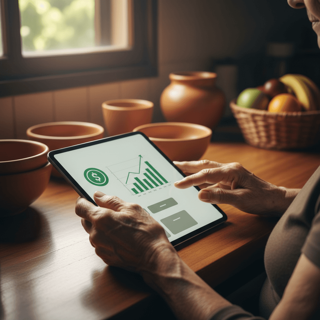 Mãos de senhora segurando tablet com gráfico de economia em cozinha brasileira