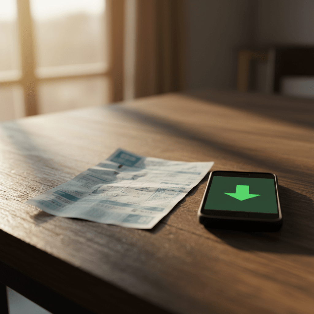 Conta de luz brasileira sobre mesa de madeira ao lado de smartphone mostrando seta verde apontando pra baixo