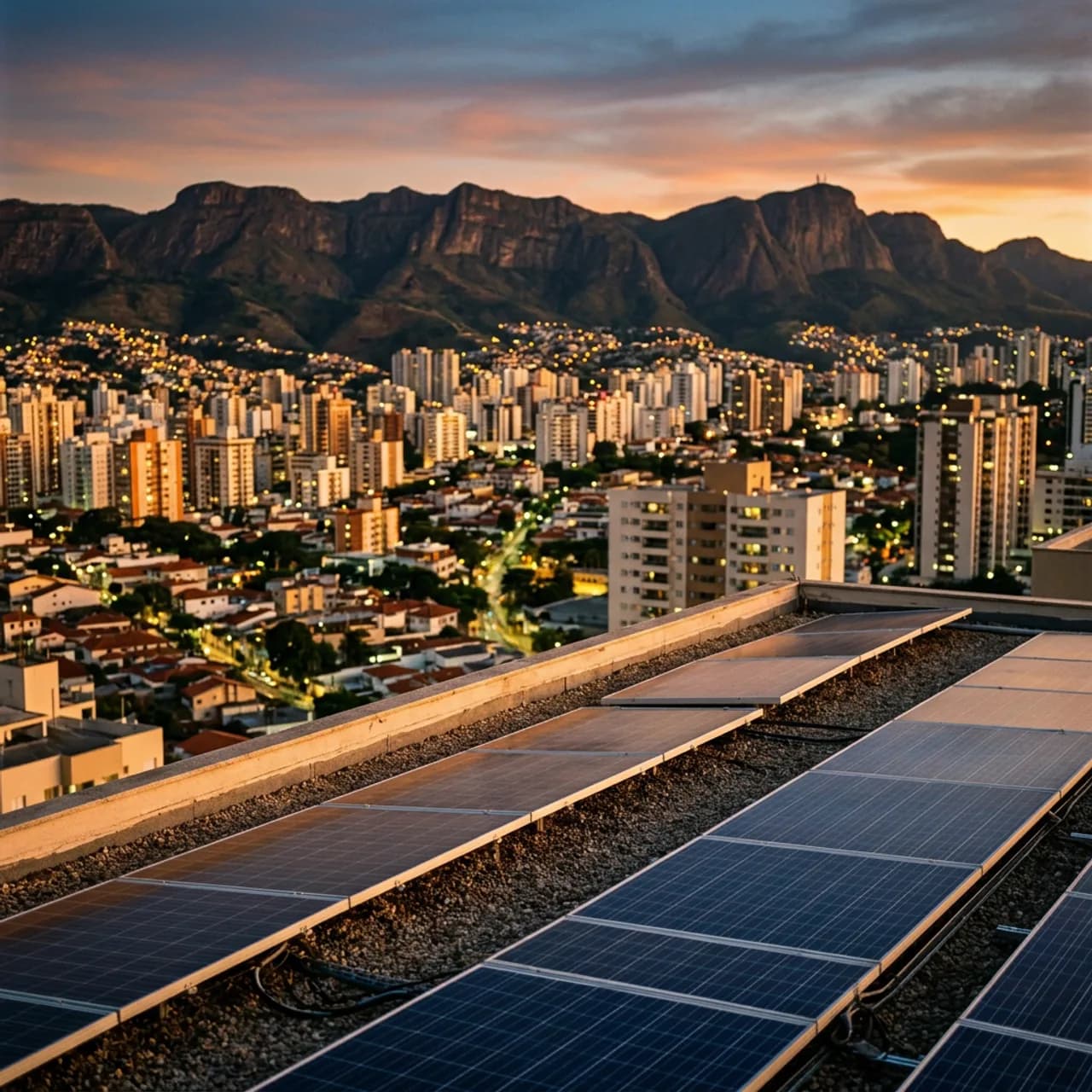 Belo Horizonte ao entardecer com a Serra do Curral ao fundo e painéis solares em um telhado em primeiro plano