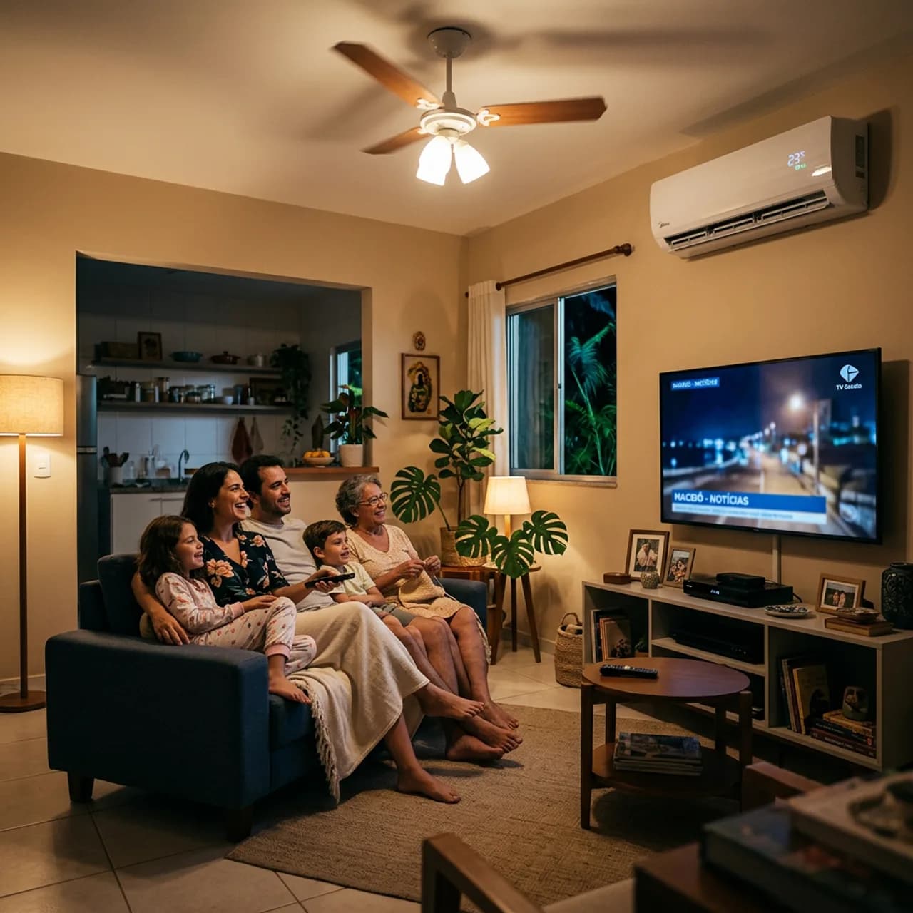 Sala de casa em Maceió com ar-condicionado ligado e família à noite