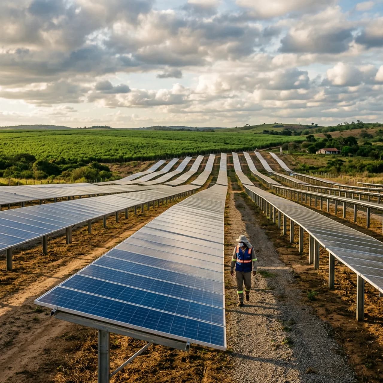 Usina solar em área rural de Alagoas com canavial ao fundo