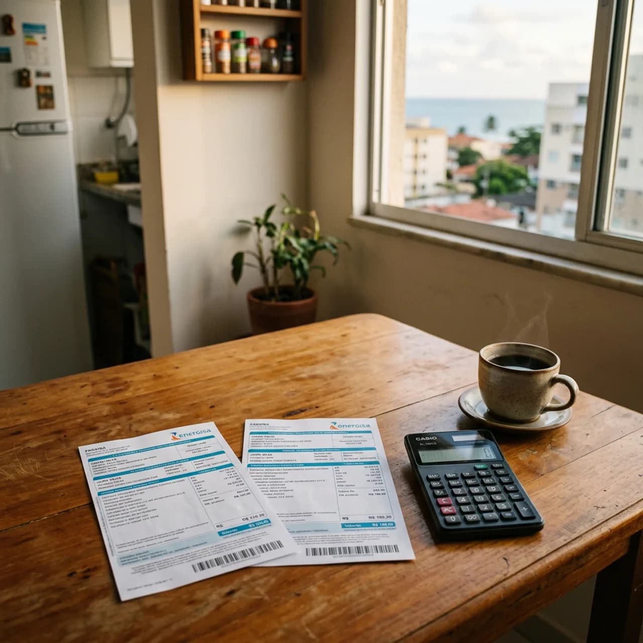 Duas contas de energia lado a lado sobre a mesa com calculadora e café