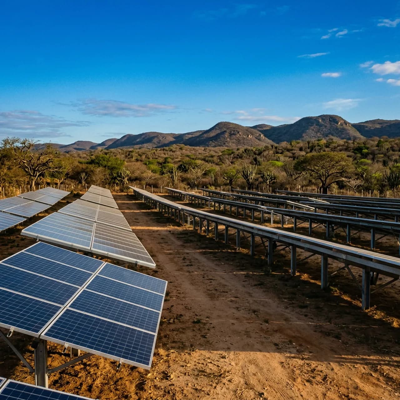 Usina solar com fileiras de painéis no interior da Paraíba, caatinga ao fundo