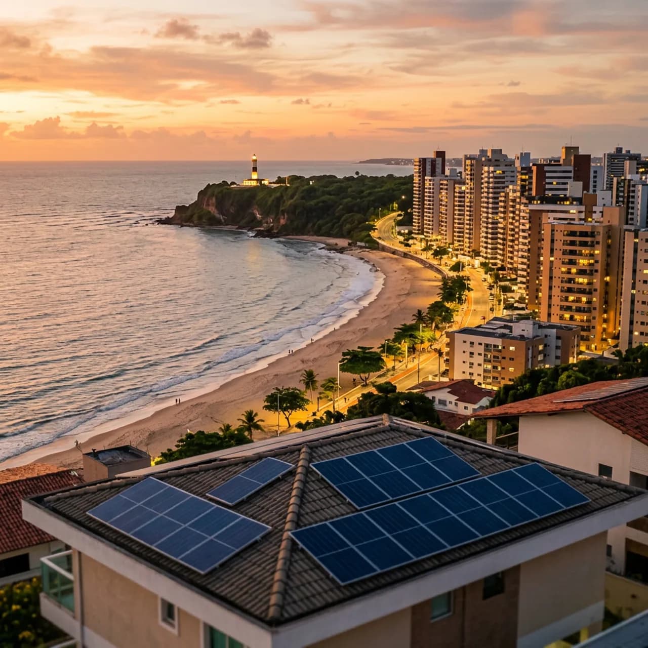 Orla de João Pessoa ao amanhecer com prédios residenciais e um telhado com painel solar em primeiro plano
