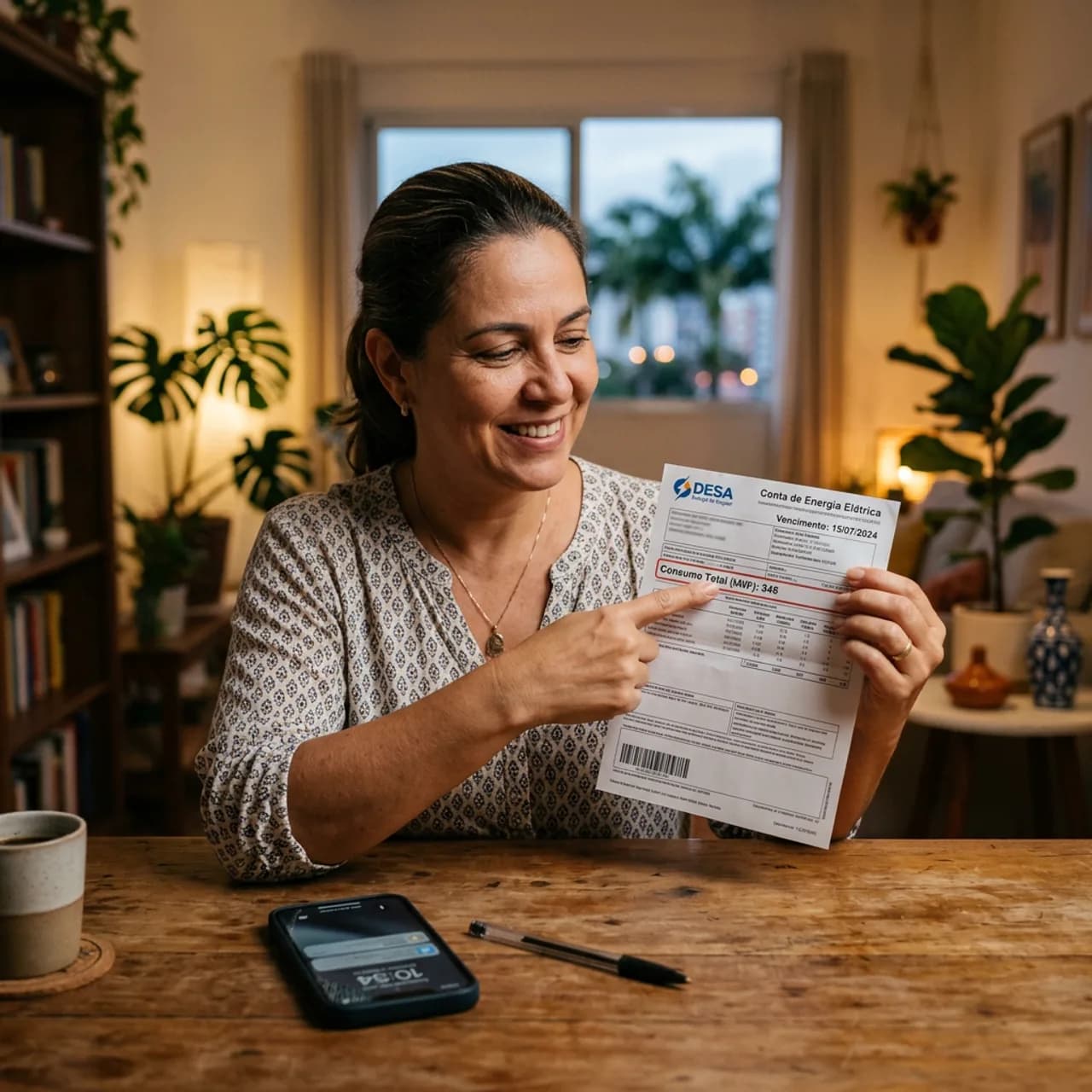 Pessoa apontando o campo de consumo em kWh em uma conta de energia