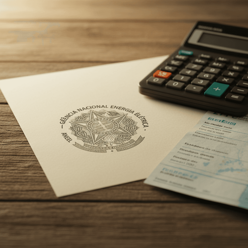 Documento oficial com selo de regulação sobre mesa ao lado de calculadora e conta de luz