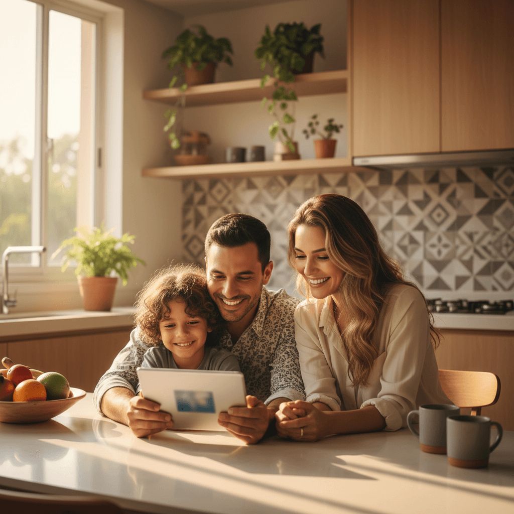 Família brasileira em mesa de cozinha conferindo tablet juntos pela manhã