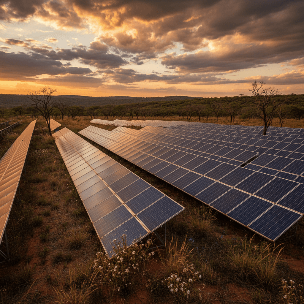 Usina solar com fileiras de painéis fotovoltaicos no cerrado brasileiro ao entardecer