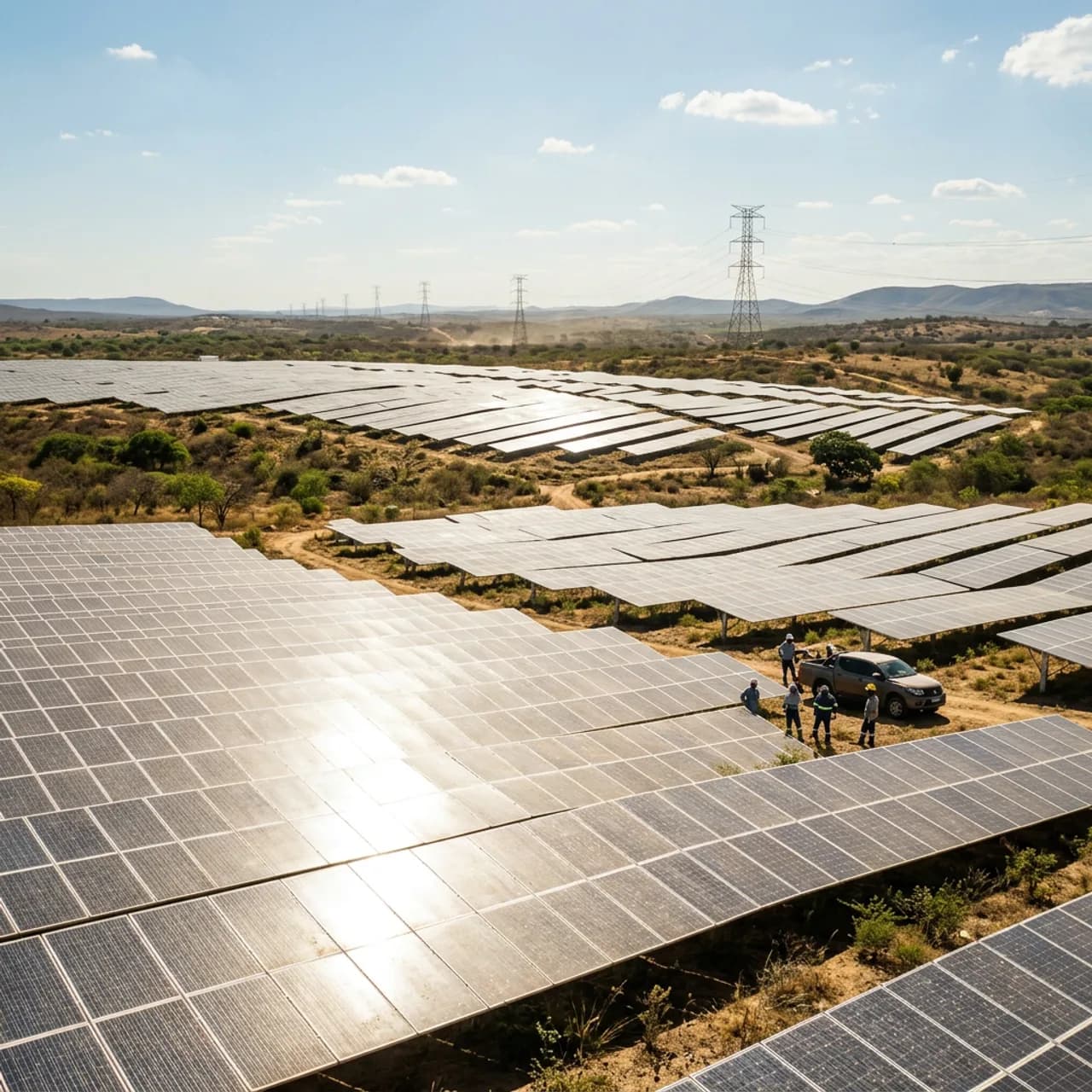 Painéis solares em usina no interior do Rio Grande do Norte com torres de transmissão ao fundo
