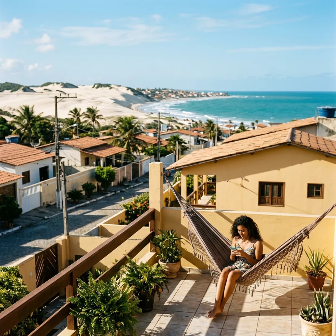 Bairro residencial de Natal com dunas e mar ao fundo, pessoa na varanda olhando o celular