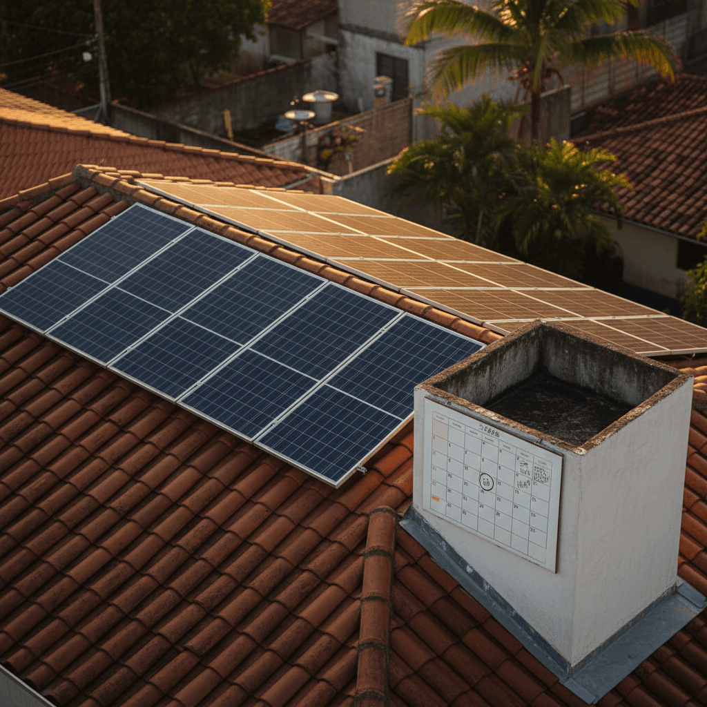 Telhado residencial brasileiro com placas solares ao lado de calendário 2026