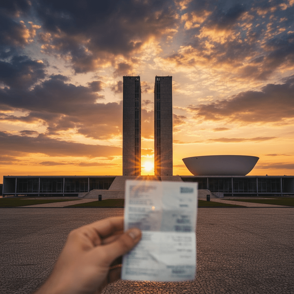 Congresso Nacional ao entardecer com conta de luz no primeiro plano desfocada
