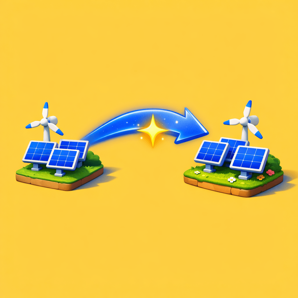 Ilustração de duas usinas solares com uma seta luminosa indicando portabilidade de uma pra outra