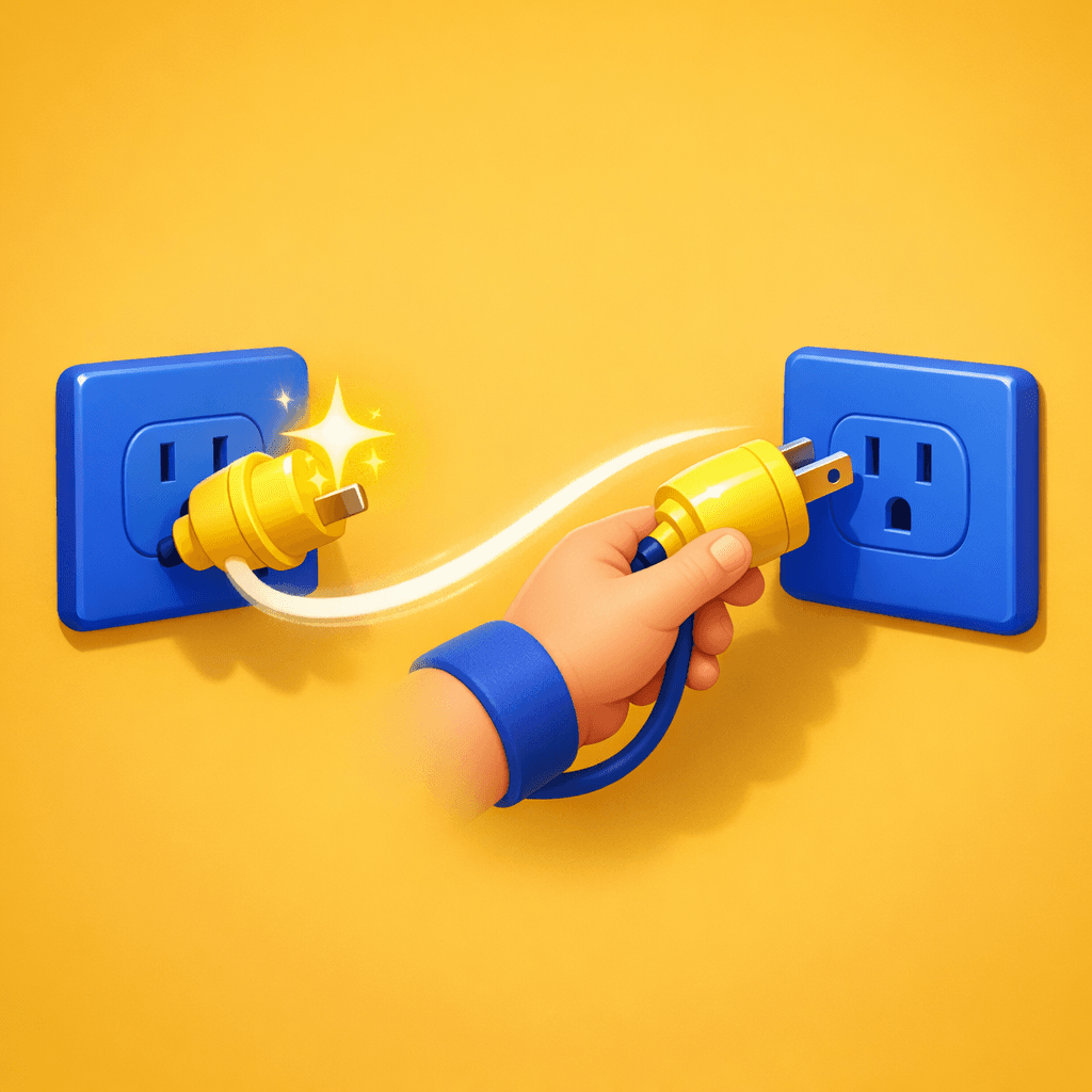 Ilustração de uma mão segurando um plug amarelo entre duas tomadas, simbolizando a troca de geradora